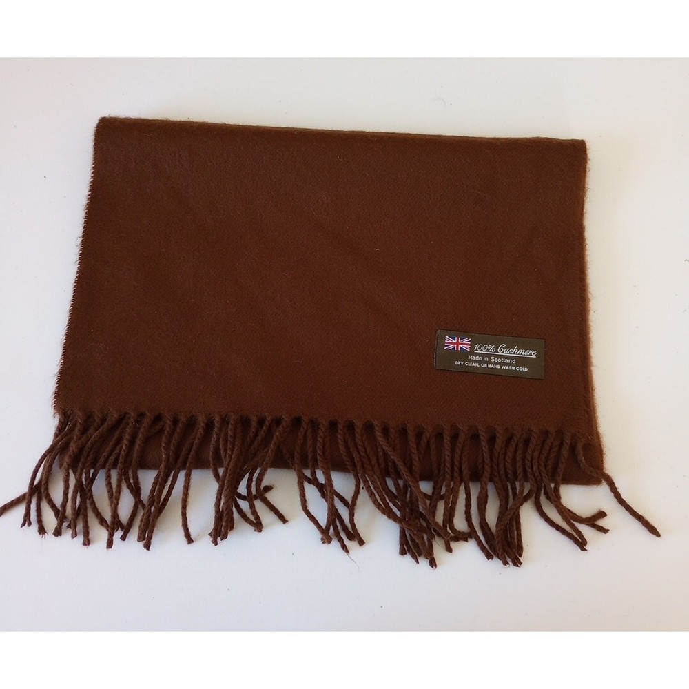 100% Cashmere Made In Scotland Fringed Rectangle Unisex Scarf 12"X66" Brown NWOT